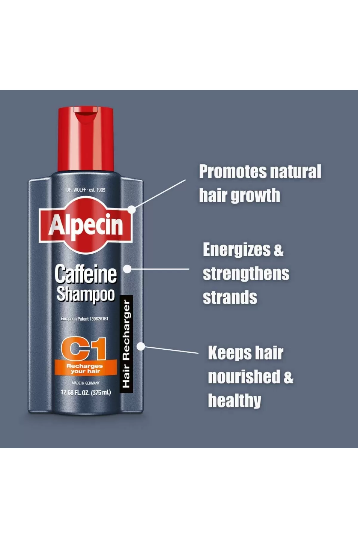 حاوی کافئین روی  نیاسید آمید کرچک ضد ریزش تقویت کننده و ضخیم کننده مو آلپسین Alpecin شامپو ضد ریزش C1