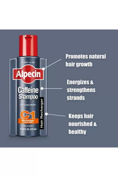حاوی کافئین روی  نیاسید آمید کرچک ضد ریزش تقویت کننده و ضخیم کننده مو آلپسین Alpecin شامپو ضد ریزش C1