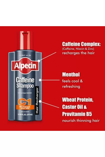 حاوی کافئین روی  نیاسید آمید کرچک ضد ریزش تقویت کننده و ضخیم کننده مو آلپسین Alpecin شامپو ضد ریزش C1