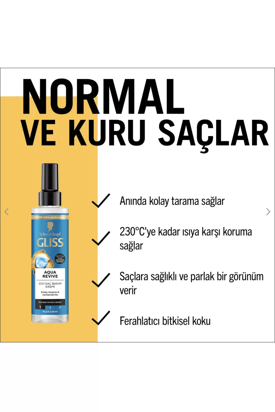 بهبود شانه پذیری  آبرسانی و شفافیت موی نرمال و خشک ترمیم کننده و حاوی کمپلکس هیالورون و جلبک دریایی فرمولاسیون جدید محافظ در برابر حرارت تا 230 درجه گیلیس GLISS اسپری دو فاز  و‌ آبرسان AQUA REVIVE