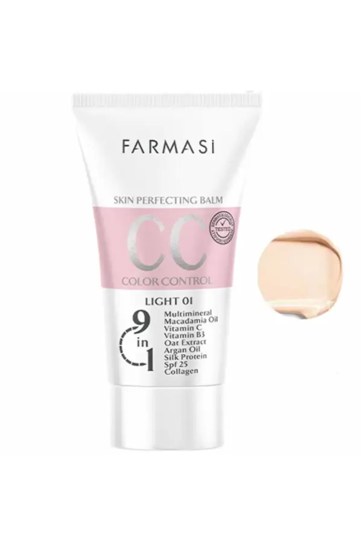 چند منظوره (ضد آفتاب   مرطوب کننده  پرایمر و کرمپودر)  پوشانندگی مناسب دارای SPF25 حاوی ویتامین B3 جهت درخشان شدن پوست غنی شده با عصاره جو جهت تقویت و ترمیم پوست دارای خواص ضد چروک حاوی کلاژن و روغن آرگان کاهش خطوط چین و چروک افزایش نرمی و لطافت پوست رطوب فارماسی Farmasi سی سی کرم 9 در 1 فارماسی  شماره ۱ Light