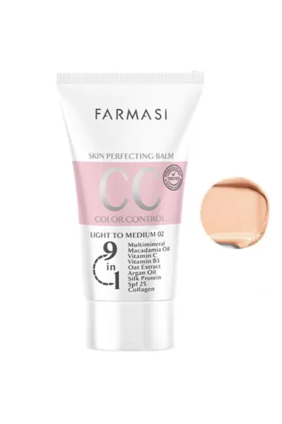 چند منظوره (ضد آفتاب   مرطوب کننده  پرایمر و کرمپودر)  پوشانندگی مناسب دارای SPF25 حاوی ویتامین B3 جهت درخشان شدن پوست غنی شده با عصاره جو جهت تقویت و ترمیم پوست دارای خواص ضد چروک حاوی کلاژن و روغن آرگان کاهش خطوط چین و چروک افزایش نرمی و لطافت پوست رطوب فارماسی Farmasi سی سی کرم 9 در 1 فارماسی  شماره ۲ Light to medium
