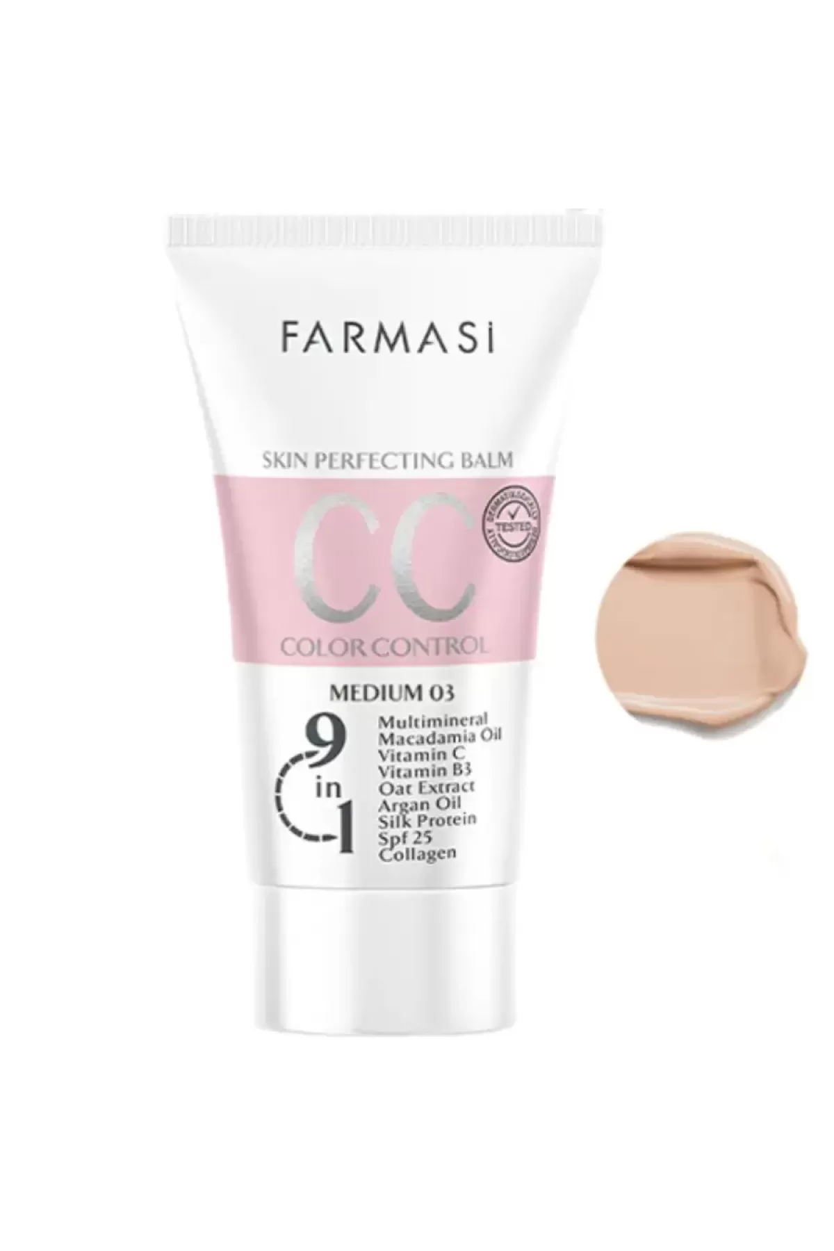 چند منظوره (ضد آفتاب   مرطوب کننده  پرایمر و کرمپودر)  پوشانندگی مناسب دارای SPF25 حاوی ویتامین B3 جهت درخشان شدن پوست غنی شده با عصاره جو جهت تقویت و ترمیم پوست دارای خواص ضد چروک حاوی کلاژن و روغن آرگان کاهش خطوط چین و چروک افزایش نرمی و لطافت پوست رطوب فارماسی Farmasi سی سی کرم 9 در 1 فارماسی  شماره ۳ Medium