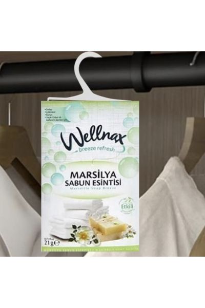 رایحه ی صابونی سرخس گونه (گرم و تلخ با گروه بویایی معطر) قابل استفاده در رخت خواب فرش و قالی فضای اتاق  کمد لباس لباس و پارچه ماندگاری بالا تا 120 روز جلوگیری از بروز قارچ و کپک در لباس ها فراری دهنده حشرات موذی مانند ساس و … رایحه دلپذیر ایجاد حس تازگی و ولناکس Wellnax خوشبو کننده کمد لباس و رخت خواب Marseille Soap