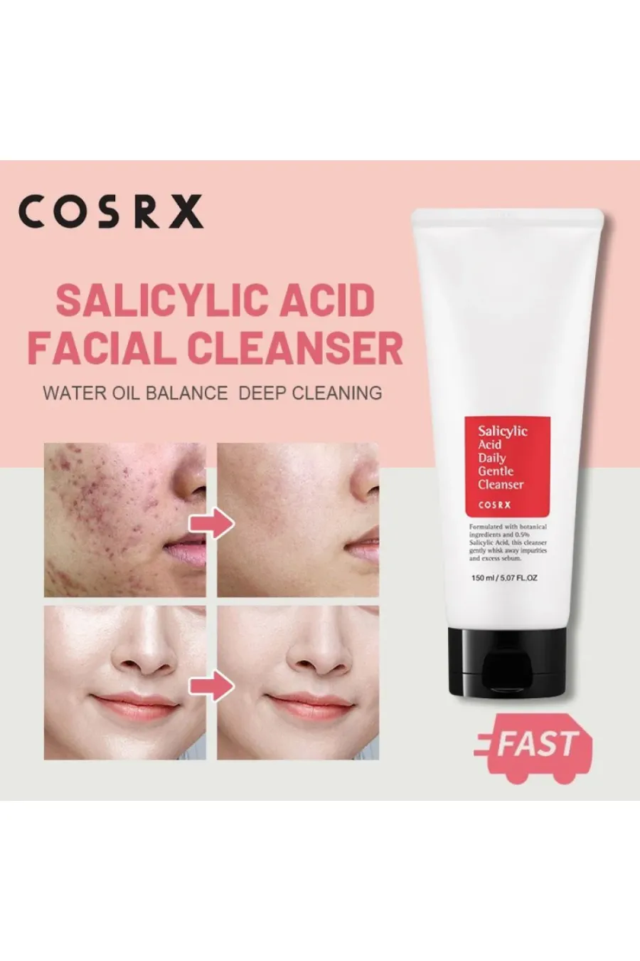 COSRXمحصولات برند کوزارکس محصولات اورجینال برند کوزارکس COSRXشوینده روزانه با خواص لایه برداری ملایمحاوی سالیسیلیک اسید و روغن درخت چایدارای سیستم صابون میکرو کرمیپاکسازی کامل منافذ پوستکنترل تولید چربی و سبومپاک کننده و التیام بخش پوستدرمان و رفع جوش‌های کوزارکس COSRX ژل شستشوی سالیسیلیک اسید Salicylic acid Daily Gentle cleanser