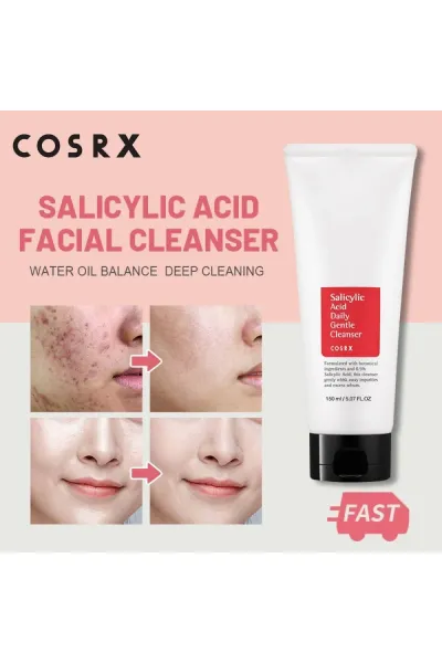 COSRXمحصولات برند کوزارکس محصولات اورجینال برند کوزارکس COSRXشوینده روزانه با خواص لایه برداری ملایمحاوی سالیسیلیک اسید و روغن درخت چایدارای سیستم صابون میکرو کرمیپاکسازی کامل منافذ پوستکنترل تولید چربی و سبومپاک کننده و التیام بخش پوستدرمان و رفع جوش‌های کوزارکس COSRX ژل شستشوی سالیسیلیک اسید Salicylic acid Daily Gentle cleanser