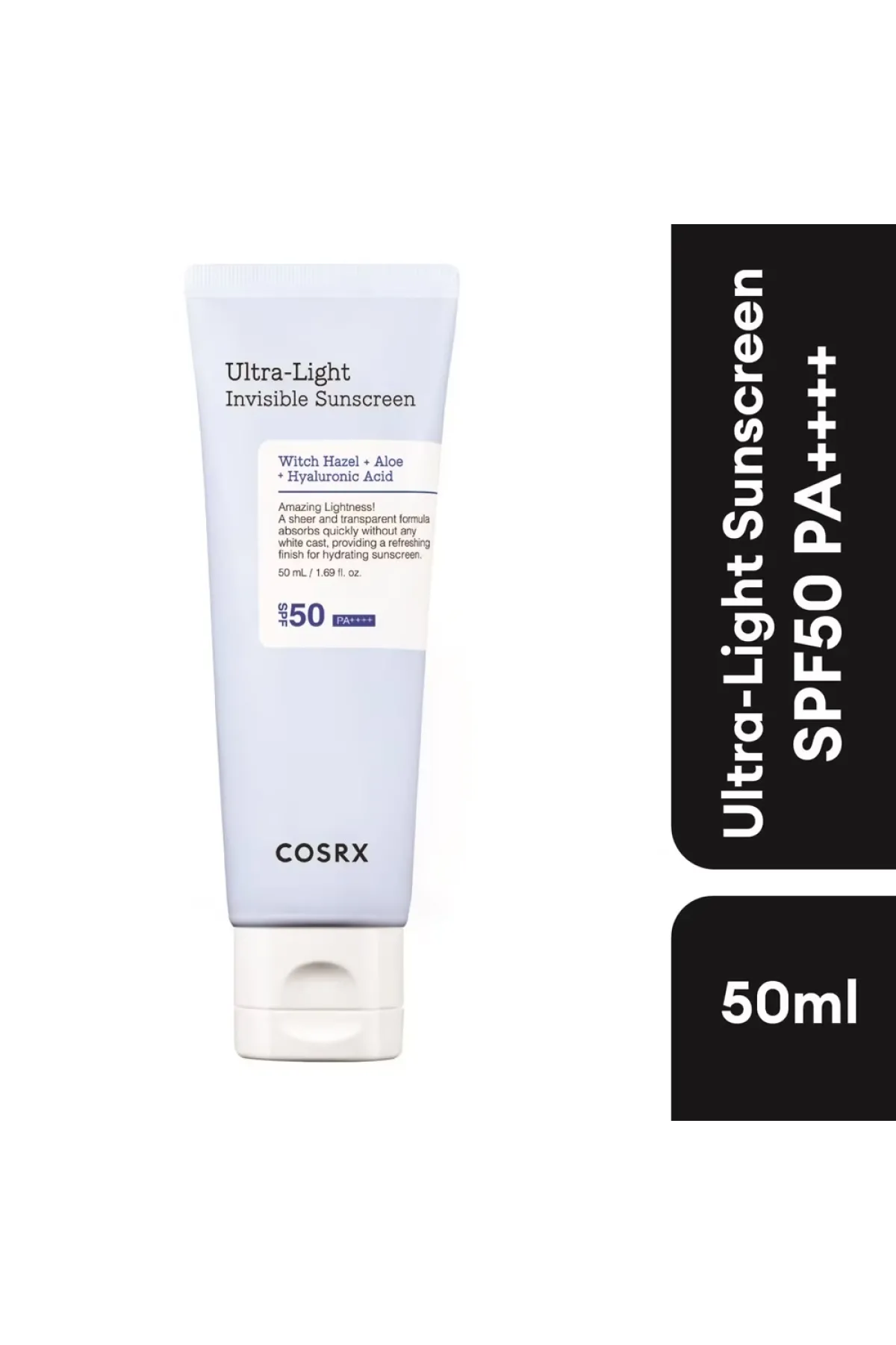 ضد آفتاب شیمیایی با فاکتورهای محافظتی ++++SPF50 PA بسیار سبک و زودجذب مرطوب کننده و تسکین دهنده کنترل ترشح سبوم ایده آل برای استفاده قبل از آرایش فرموله شده با مواد ضد التهاب و تسکین دهنده التیام بخش پوست های تحریک شده مناسب انواع پوست حتی پوست های حساس ت کوزارکس COSRX ضد آفتاب فوق سبک Ultra Light Invisible Sunscreen SPF50