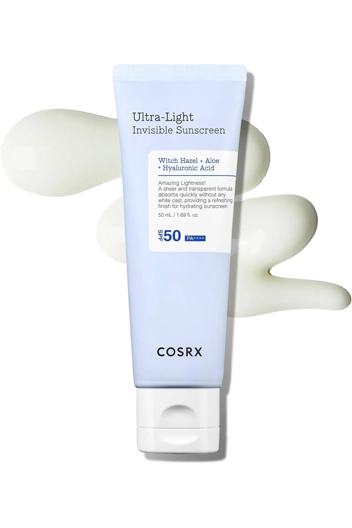 ضد آفتاب شیمیایی با فاکتورهای محافظتی ++++SPF50 PA بسیار سبک و زودجذب مرطوب کننده و تسکین دهنده کنترل ترشح سبوم ایده آل برای استفاده قبل از آرایش فرموله شده با مواد ضد التهاب و تسکین دهنده التیام بخش پوست های تحریک شده مناسب انواع پوست حتی پوست های حساس ت کوزارکس COSRX ضد آفتاب فوق سبک Ultra Light Invisible Sunscreen SPF50