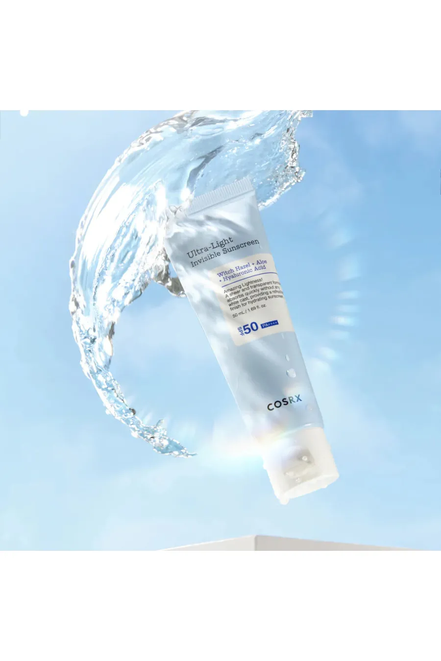 ضد آفتاب شیمیایی با فاکتورهای محافظتی ++++SPF50 PA بسیار سبک و زودجذب مرطوب کننده و تسکین دهنده کنترل ترشح سبوم ایده آل برای استفاده قبل از آرایش فرموله شده با مواد ضد التهاب و تسکین دهنده التیام بخش پوست های تحریک شده مناسب انواع پوست حتی پوست های حساس ت کوزارکس COSRX ضد آفتاب فوق سبک Ultra Light Invisible Sunscreen SPF50