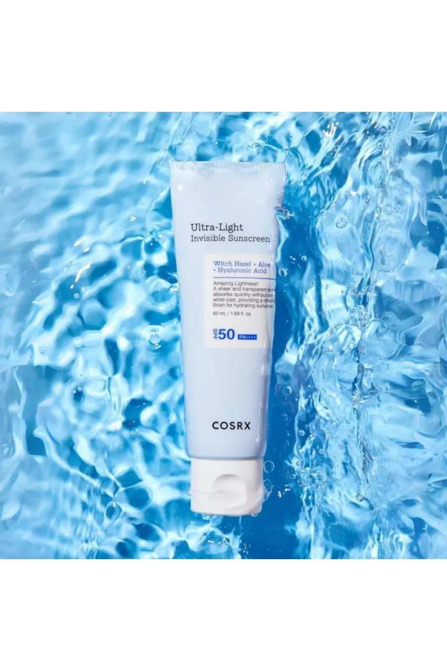 ضد آفتاب شیمیایی با فاکتورهای محافظتی ++++SPF50 PA بسیار سبک و زودجذب مرطوب کننده و تسکین دهنده کنترل ترشح سبوم ایده آل برای استفاده قبل از آرایش فرموله شده با مواد ضد التهاب و تسکین دهنده التیام بخش پوست های تحریک شده مناسب انواع پوست حتی پوست های حساس ت کوزارکس COSRX ضد آفتاب فوق سبک Ultra Light Invisible Sunscreen SPF50