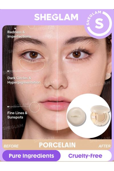 ماندگاری ۴۸ ساعته • بافت سبک • مناسب استفاده روزانه • ضدآب • مات شیگلم SHEGLAM کوشن کرم‌ پودر 48 ساعته Lock & Go Long PORCELAIN