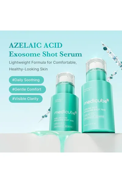 حاوی 7500ppm آزالئیک اسید برای کاهش لک‌ های تیره و روشن‌ کردن پوست فرمولاسیون ملایم مناسب انواع پوست حتی حساس و مستعد آکنه سرشار از اگزوزوم‌ ها برای بازسازی سلولی و تسریع ترمیم پوست موثر تقویت سد پوستی و افزایش استحکام و سلامت پوست خاصیت ضدالتهابی برای تس مدی کیوب Medicube سرم آزلائیک اسید و اگزوزوم 7500 Azelaic Acid Exosome Shot