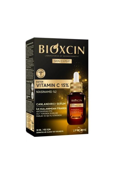 آنتی اکسیدان قوی روشن کننده پوست حاوی 2% نیاسینامید حاوی 15% ویتامین سی بازسازی کننده رنگ پوست کاهش چین و چروک پوست حفظ نرمی و سرزندگی پوست افزایش تولید کلاژن و الاستین محافظت از پوست در برابر اشعه های UV بیوکسین BIOXCIN سرم ویتامین سی 15% روشن کننده VITAMIN C 15%