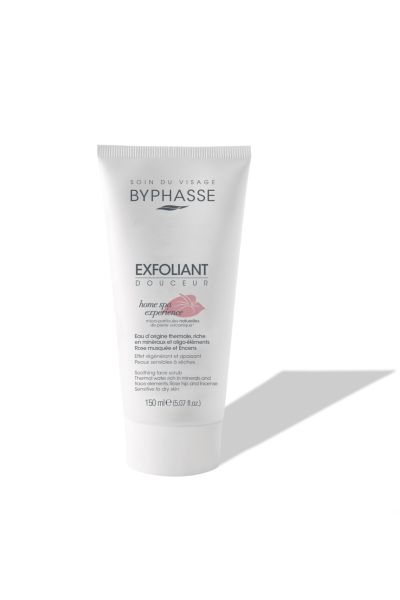 حاوی عصاره رزهیپ  عصاره عود و ذرات مینرال آتشفشانی حاوی موم های گیاهی جوجوبا و کاندلیلا جهت محافظت اسکراب  پاک کننده و تسکین دهنده پوست خشک و حساس غنی از آب چشمه معدنی و ترکیبات فعال پاک کننده عمقی مناسب برای صورت و دورچشم تسکین دهنده و ضدالتهاب بسیار ملا بایفاس BYPHASSE اسکراب صورت پوست خشک و حساس