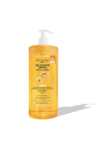 پوستی نرم  لطیف و شاداب پاکیزگی عمیق و بدون تحریک محافظت از پوست در برابر رادیکال‌های آزاد تغذیه و آبرسانی پوست مناسب برای استفاده روزانه بایفاس BYPHASSE ژل شاور میسلار آرگان ۱لیتری DERMO MICELLAR  ARGAN
