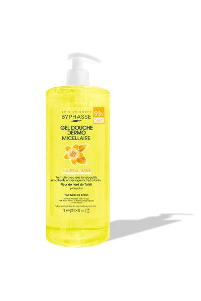 پوستی نرم  لطیف و خوشبو پاکیزگی عمیق و بدون تحریک تغذیه و آبرسانی پوست ایجاد حس آرامش و شادابی مناسب برای استفاده روزانه بایفاس BYPHASSE ژل شاور میسلار مونوی DERMO MICELLAR MONOI