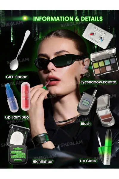 پالت سایه چشم ماتریکسی با ترکیب رنگ‌های سبز نئونی  مشکی  خاکستری و متالیک.  رژ لب‌های مایع و جامد در تناژهای جسورانه مانند قرمز عمیق  قهوه‌ای تیره و نود مدرن.  هایلایتر و رژگونه برای ایجاد درخشندگی چندبعدی و جلوه‌ای آینده‌گرایانه.  خط چشم و ریمل با طراحی شیگلم SHEGLAM پک آرایشی ماتریکس The Matrix Resurrections