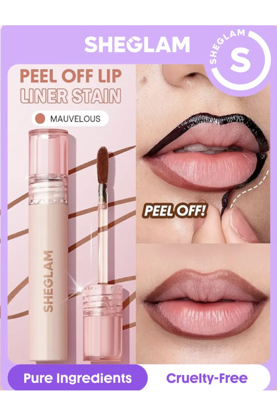 فرمول Peel Off منحصر به فرد برای رنگ‌دهی ماندگار و بی‌نیاز از تمدید  رنگ Mauvelous (صورتی یاسی ملایم) مناسب انواع رنگ پوست  احساس سبکی روی لب بدون خشکی یا سنگینی  مقاومت بالا در برابر تعریق  خوردن و نوشیدن  وگان و فاقد گلوتن  بدون هیچ‌گونه تست حیوانی  اید شیگلم SHEGLAM خط لب پیل آف Mauvelous