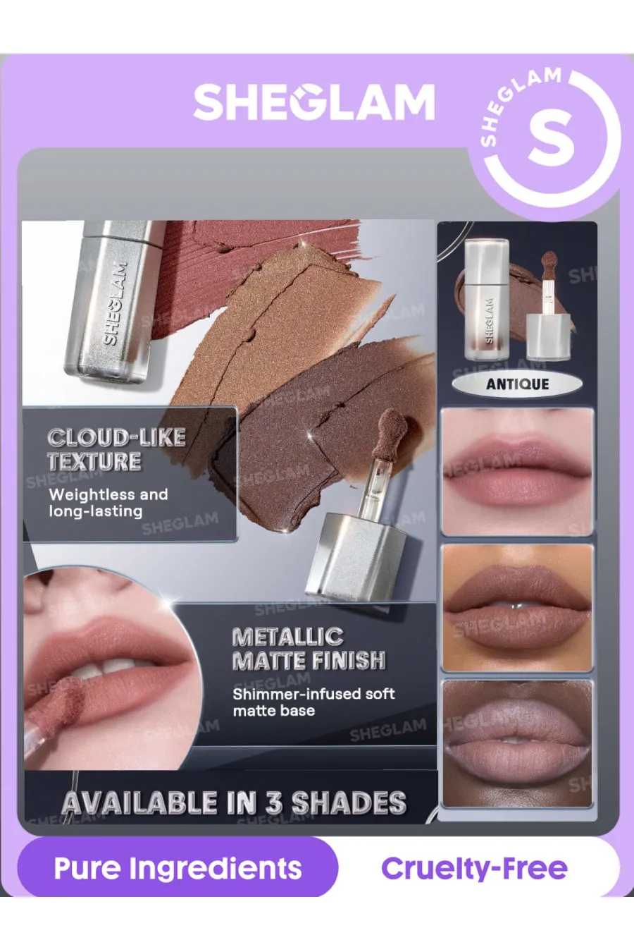 قابل استفاده روی رژ لب یا به تنهایی دارای شاین حجم دهنده و براق کننده شیگلم SHEGLAM گلیتر مایع لب‌ رنگ کاراملی ANTIQUE