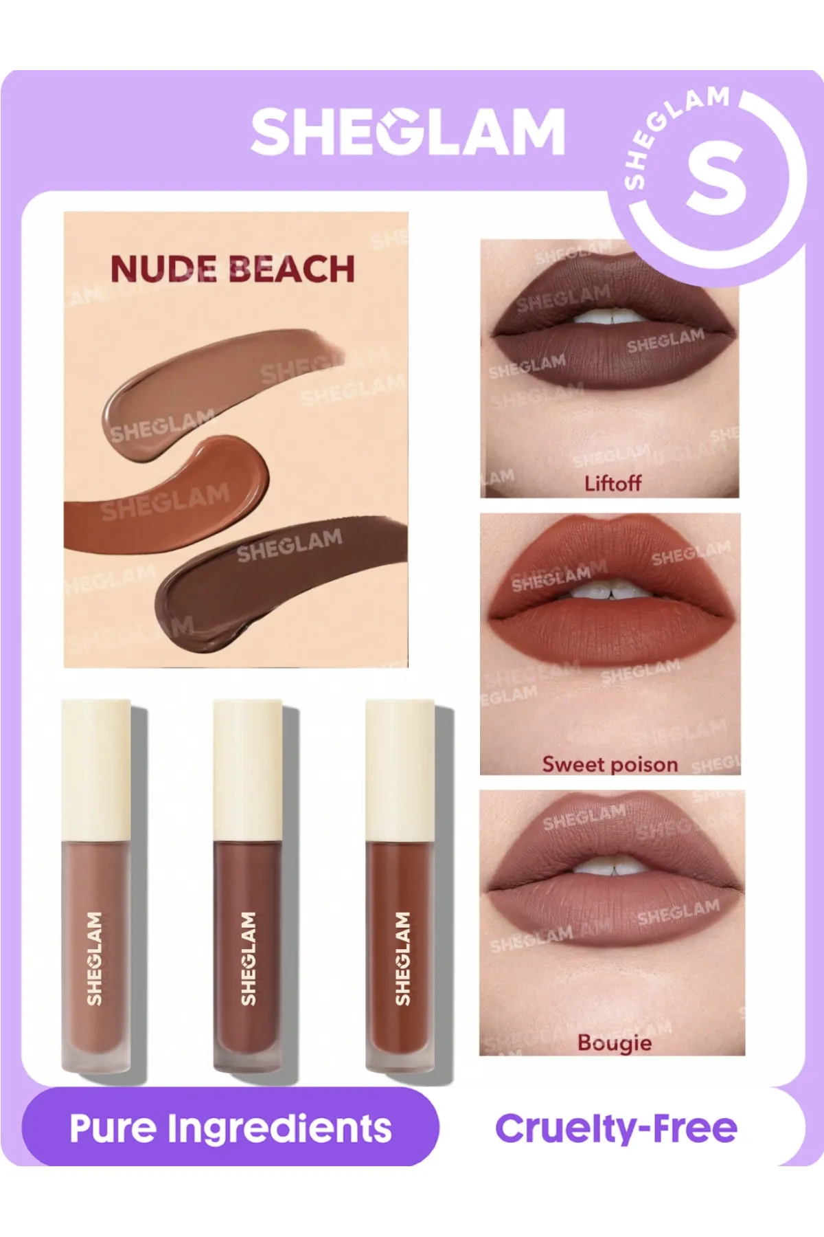 روکش مات بسیار اشباع شده روی لب ایجاد می‌کند دارای رنگدانه‌های با شدت بالا و عصاره روغن آفتابگردان حس سبک وزن و مخملی و همچنین ماندگاری بالایی دارد به جلوگیری از چین و چروک کمک می‌کند و باعث می‌شود لب‌ها صاف‌تر شوند. همچنین می‌توانید رنگ‌ها را ترکیب ک شیگلم SHEGLAM ست رژ لب 3 عددی مات ماندگار NUDE BEACH