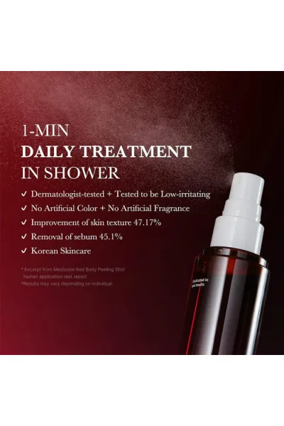 قابلیت لایه برداری خودکار برای بیرون کشیدن مشکلات از درون مانند یک خون آشام طراحی شده است. فرمول اسپری که با ۳۲٪ AHA+BHA+PHA+LHA غنی شده است درمان سبوم  چربی  پوست مرده و منبع مشکل‌ساز. تسکین‌دهنده‌ی پوست مستعد آکنه (وزارت ایمنی غذا و داروی کره جنوبی) آزم مدی کیوب Medicube اسپری لایه بردار و ضدجوش بدن Red Body Peeling Shot