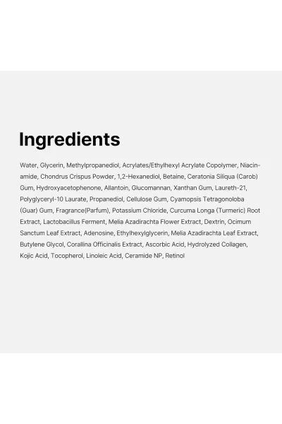 Salmon PDRN خاصیت ارتجاعی را افزایش می دهد و به بازیابی عملکرد سد طبیعی پوست کمک می کند  ظاهر منافذ را بهبود می بخشد و رنگ پوست را یکدست می کند. کلاژن هیدرولیز شده  کلاژن را تقویت می کند  پوست را سفت می کند و ظاهر خطوط ریز را کاهش می دهد. نیاسینامید رنگ پوست را روشن می کند  ظاهر پوست تحریک شده را کاهش می دهد و سد پوستی را تقویت می کند.  پپتید خطوط ریز را صاف می کند و از ساختار سالم پوست حمایت می کند. مدی کیوب Medicube پک ۴ عددی ماسک ورقه ای کوجیک اسید و زردچوبه Kojic Acid Turmeric Gel Mask