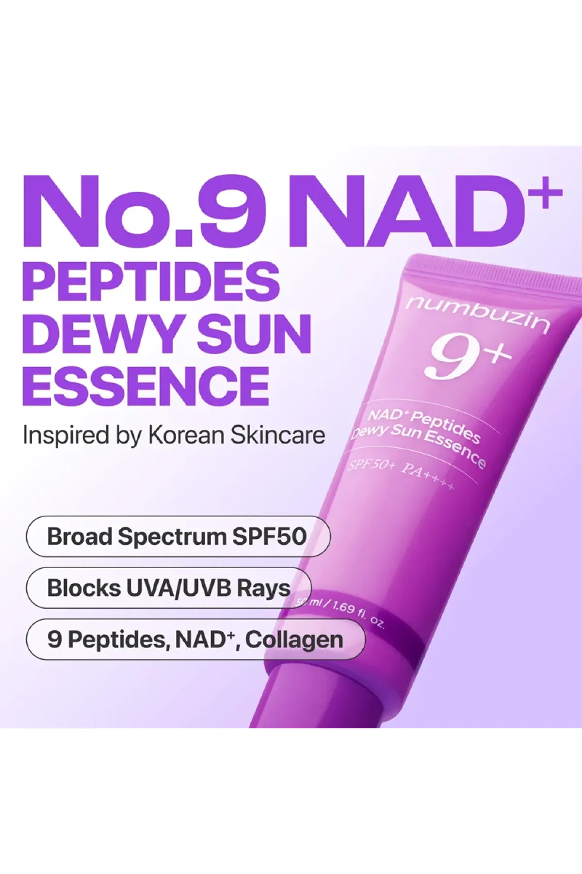 محافظت قدرتمند از پوست در برابر اشعه‌های مضر UVA و UVB ☀️ حاوی ترکیب NAD+ و پپتیدها برای کمک به کاهش چین‌وچروک پوست ✨ کمک به لیفت و سفت‌تر شدن پوست و افزایش خاصیت کشسانی نامبوزین Numbuzin ضد آفتاب ضد چروک و لیفتینگ NAD+Peptides Dewy Sun Essence
