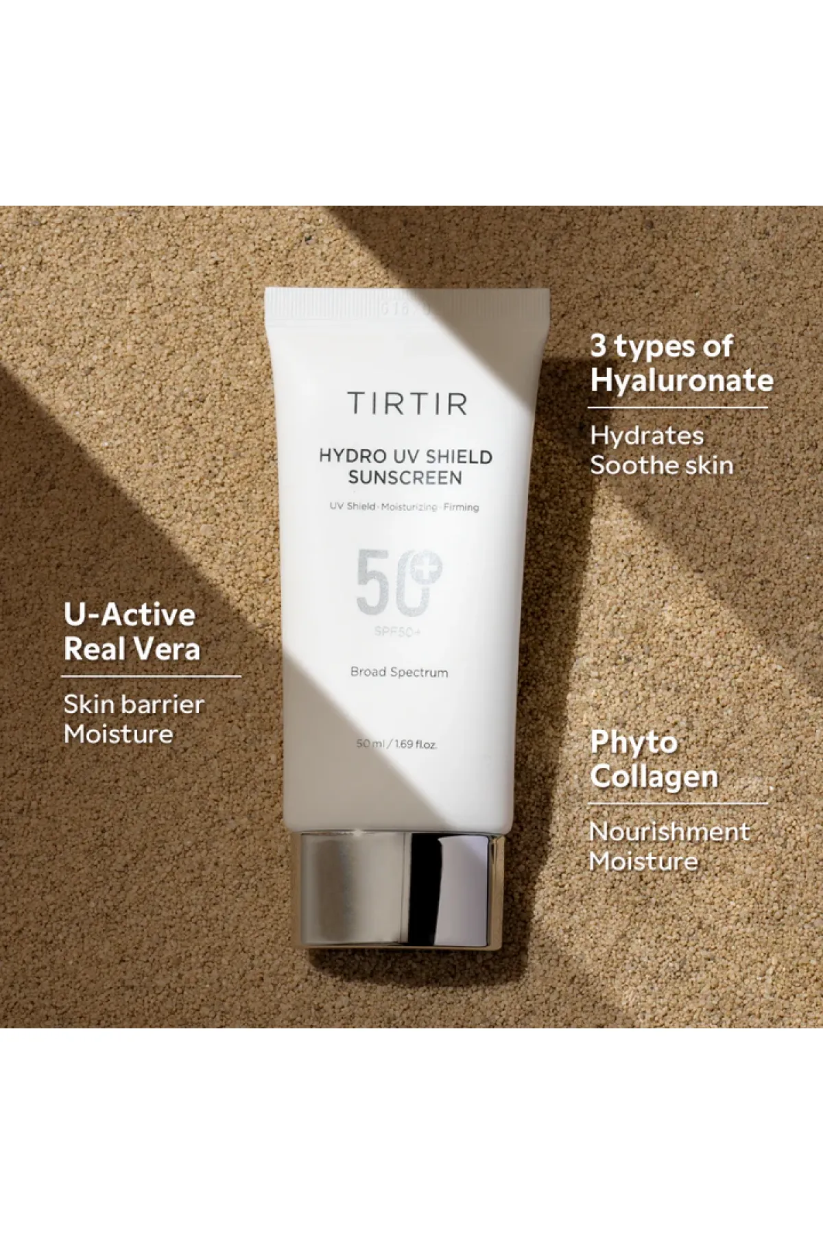 حافظت قوی در برابر آفتاب: SPF50+ با فیلترهای شیمیایی موثر برای محافظت از UVB و UVA  آبرسانی عمیق: سه نوع هیالورونیک‌اسید + کلاژن گیاهی باعث حفظ رطوبت و نرمی پوست می‌شوند  تسکین‌دهنده و آرام‌بخش: آلوئه‌ورا و پانته‌نول برای جلوگیری از تحریک و قرمزی طراحی شد تیرتیر TIRTIR ضدآفتاب Hydro UV Shield Sunscreen SPF50