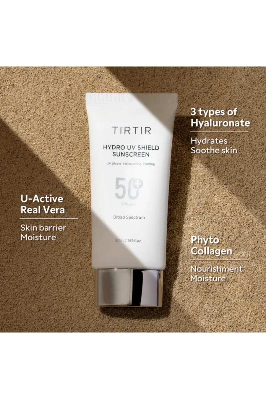 حافظت قوی در برابر آفتاب: SPF50+ با فیلترهای شیمیایی موثر برای محافظت از UVB و UVA  آبرسانی عمیق: سه نوع هیالورونیک‌اسید + کلاژن گیاهی باعث حفظ رطوبت و نرمی پوست می‌شوند  تسکین‌دهنده و آرام‌بخش: آلوئه‌ورا و پانته‌نول برای جلوگیری از تحریک و قرمزی طراحی شد تیرتیر TIRTIR ضدآفتاب Hydro UV Shield Sunscreen SPF50