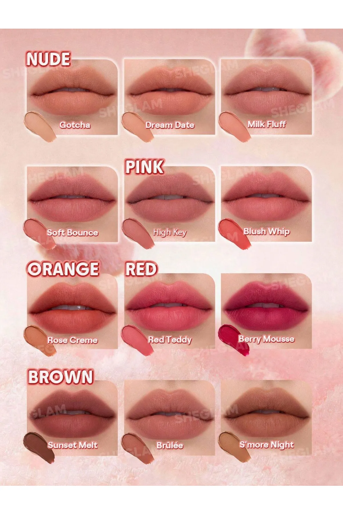 فینیش مات مخملی و soft blur ایجاد افکت لب فید شده و کره‌ای دارای اپلیکاتور پاف اسفنجی بافت سبک و mousse like پخش راحت روی لب ایجاد جلوه soft focus روی خطوط لب بدون حس سنگینی زیاد شیگلم SHEGLAM پاف لیپ مارشمالو لب و گونه BLUSH WHIP