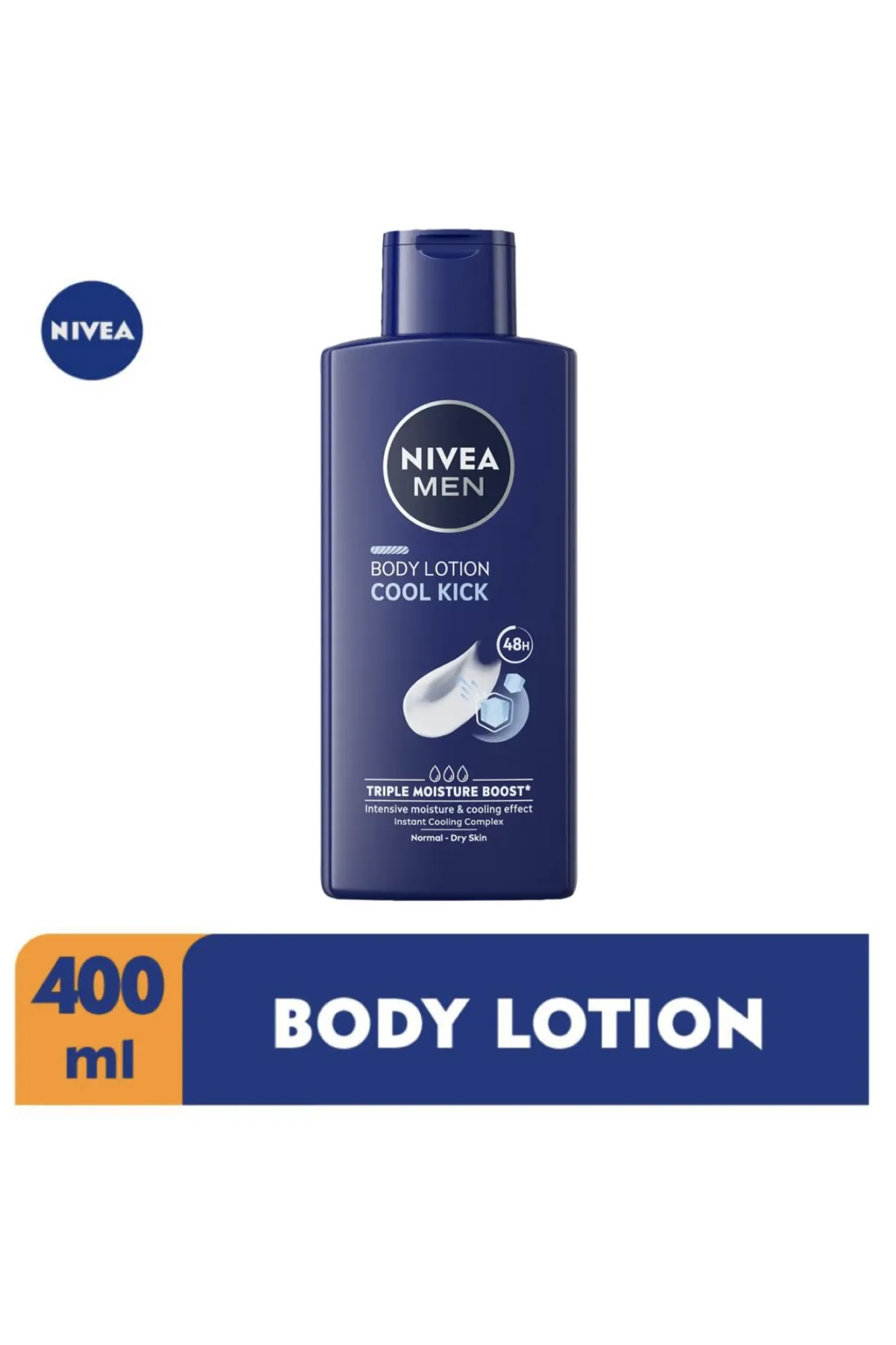 مرطوب‌کننده قوی تا ۴۸ ساعت مناسب پوست نرمال تا خشک فرمول Triple Moisture Boost برای آبرسانی سه‌گانه اثر خنک‌کنندگی فوری با Instant Cooling Complex جذب سریع بدون ایجاد حس چربی نرم‌کننده و تغذیه‌کننده پوست مناسب استفاده روزانه مخصوص آقایان نیوآ NIVEA لوسیون بدن خنک‌کننده Cool Kick 48