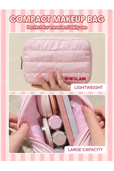 کیف لوازم آرایش صورتی شیگلم مدل Makeup Bag  یک میکاپ بگ زیپ‌دار و کاربردی برای نگهداری مرتب لوازم آرایش روزانه است. طراحی صورتی جذاب  زیپ نایلونی و متریال مقاوم آن  این کیف را به انتخابی مناسب برای استفاده روزمره و همراه داشتن محصولات آرایشی تبدیل می‌کند. شیگلم SHEGLAM کیف آرایشی