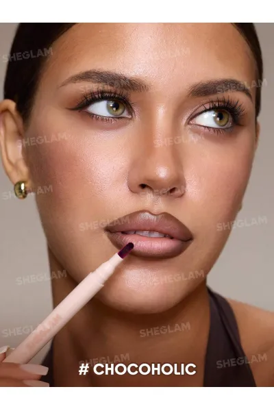 رنگ گوشتی قهوه‌ای متناسب با رژلب نود  صورتی نود  کالباسی و گوشتی وگان و فاقد ترکیبات مضر بافت نرم و فرمولاسیون نوین مات با ماندگاری بالا شیگلم SHEGLAM خط لب ضد اب CHOCOHOLIC
