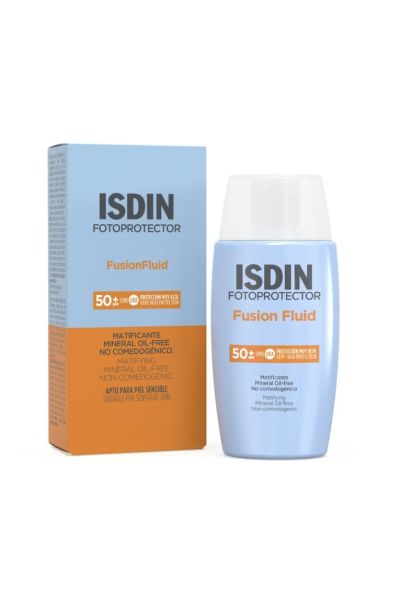 محافظ پوست در برابر اشعه مضر خورشید SPF50 و بدون رنگ فاقد چربی مرطوب کننده و آبرسان به عنوان پرایمر قبل از استفاده از آرایش بافتی سبک و زود جذب ضد آب و عرق است بدون سوزش چشم بدون ایجاد حس چربی حاوی ویتامین E  هیالورونیک اسید و جلبک ALGAE دریای مدیترانه پایه مبتنی بر آب  فاقد چربی غیر کومدوژنیک  هیپو آلرژنیک و مناسب بافت حساس دور چشم آبرسانی 12 ساعته ایزدین ISDIN ضد آفتاب فیوژن فلویید