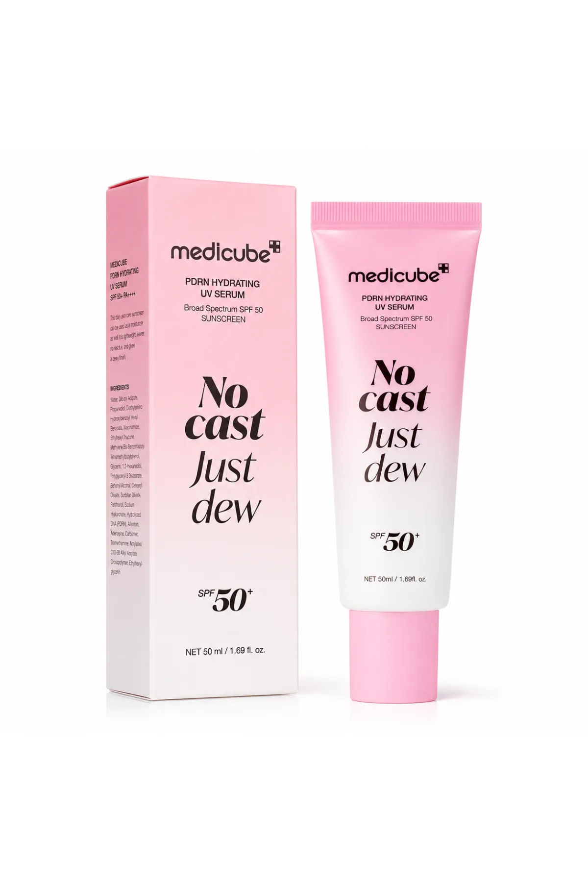 سرم ضد آفتاب آبرسان PDRN مدی کیوب مدل No Cast Just Dew با SPF50 از پوست در برابر UVA و UVB محافظت می‌کند. فرمول سبک آن حاوی PDRN  پانتنول  سنتلا و نیاسینامید است که ضمن آبرسانی و تسکین پوست  اثر خنک‌کننده دارد و بدون ایجاد رد سفید یا حس چربی  فینیش طبیعی مدی کیوب Medicube سرم ضد آفتاب آبرسان PDRN NO CAST just dew
