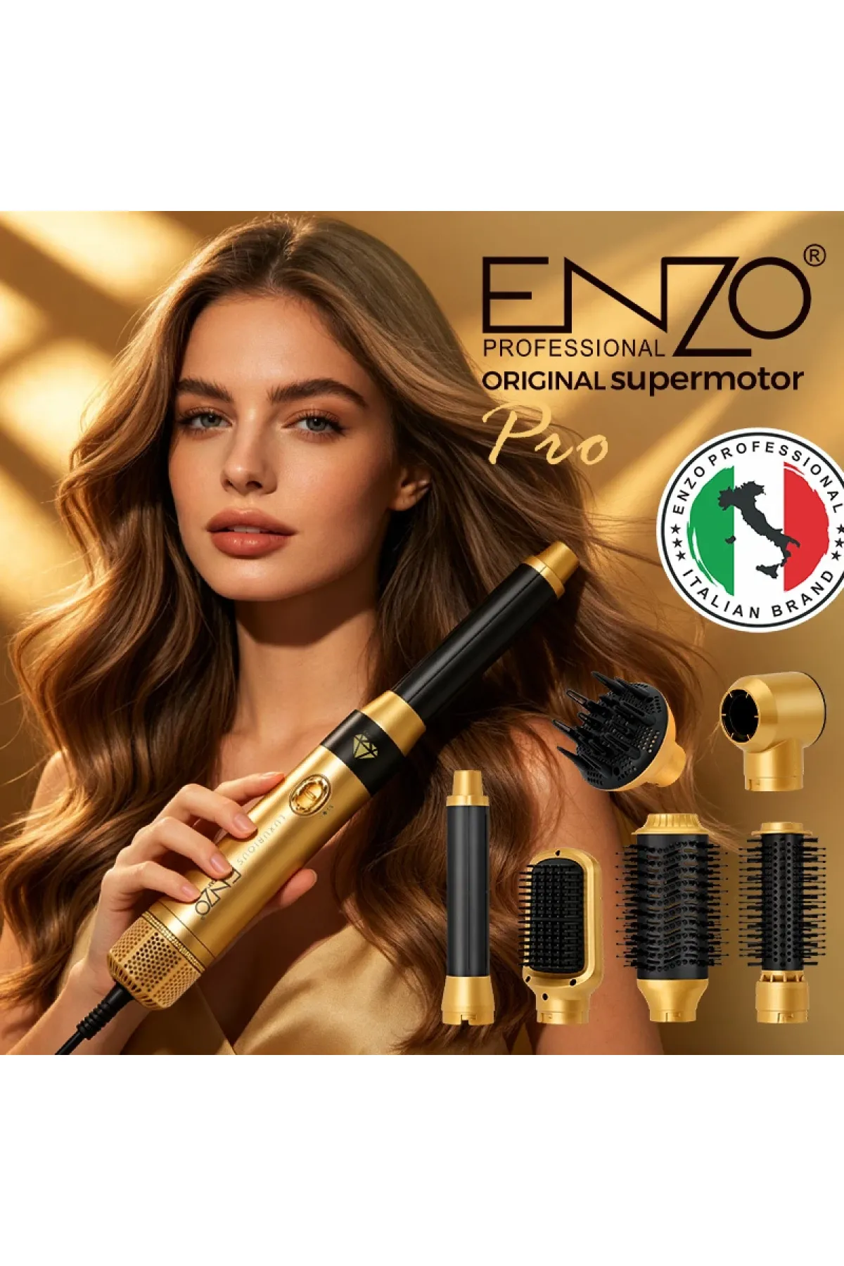 موتور DC Super Motor با توان 1500 وات  ۷ سری کاربردی  فناوری یون‌ساز (Negative Ion)  ۳ حالت دما و ۳ سرعت باد  باد سرد برای تثبیت حالت مو  سیم چرخان ۳۶۰ درجه  مناسب انواع مو و استفاده خانگی و حرفه‌ای  محتویات جعبه  نازل خشک‌کن  دیفیوزر  برس صاف‌کن  برس گرد انزو ENZO سشوار ۷ کاره انزو  رنگ طلایی 4133pro 5