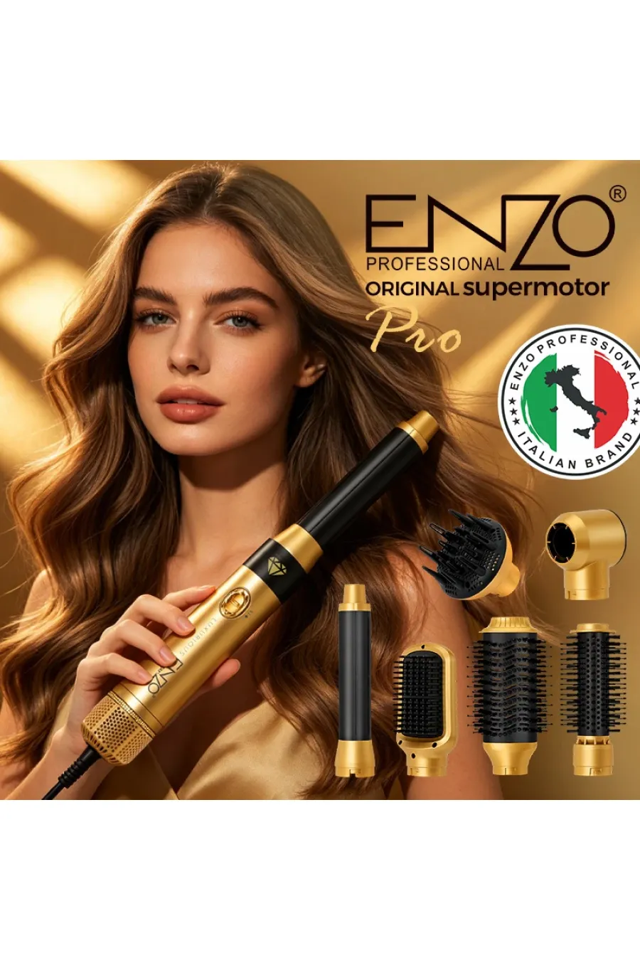 موتور DC Super Motor با توان 1500 وات  ۷ سری کاربردی  فناوری یون‌ساز (Negative Ion)  ۳ حالت دما و ۳ سرعت باد  باد سرد برای تثبیت حالت مو  سیم چرخان ۳۶۰ درجه  مناسب انواع مو و استفاده خانگی و حرفه‌ای  محتویات جعبه  نازل خشک‌کن  دیفیوزر  برس صاف‌کن  برس گرد انزو ENZO سشوار ۷ کاره انزو  رنگ طلایی 4133pro 5